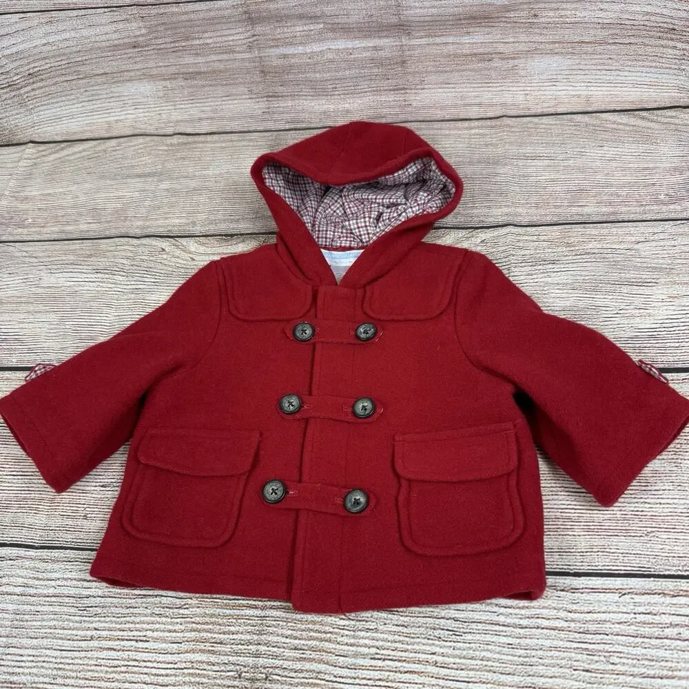 Janie And Jack Layette Red Wool Blend Pea Coat Baby 0-6 Months Unisex Hooded
